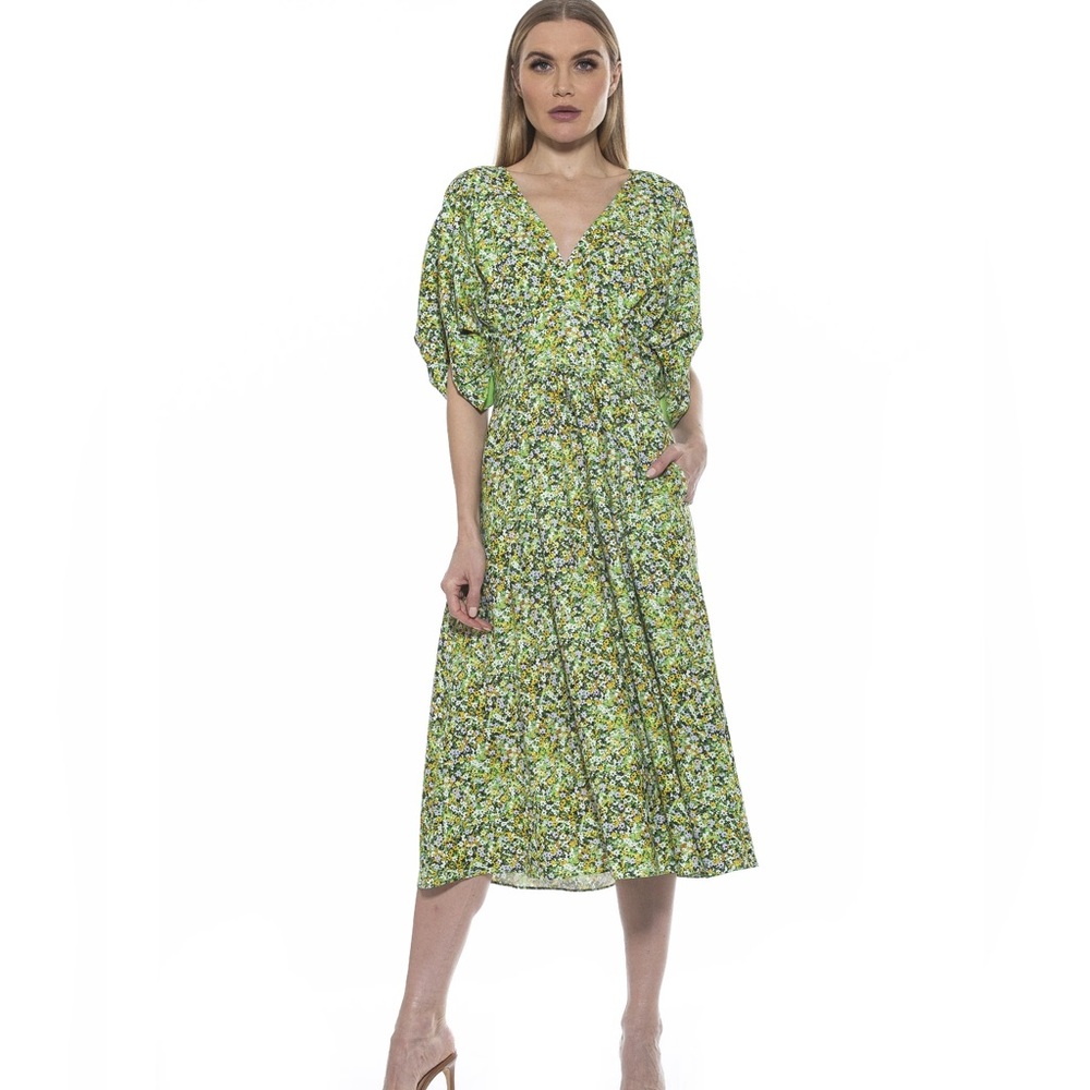 NWT Alexia Admor Split Sleeve Green Ditzy Midi Dress